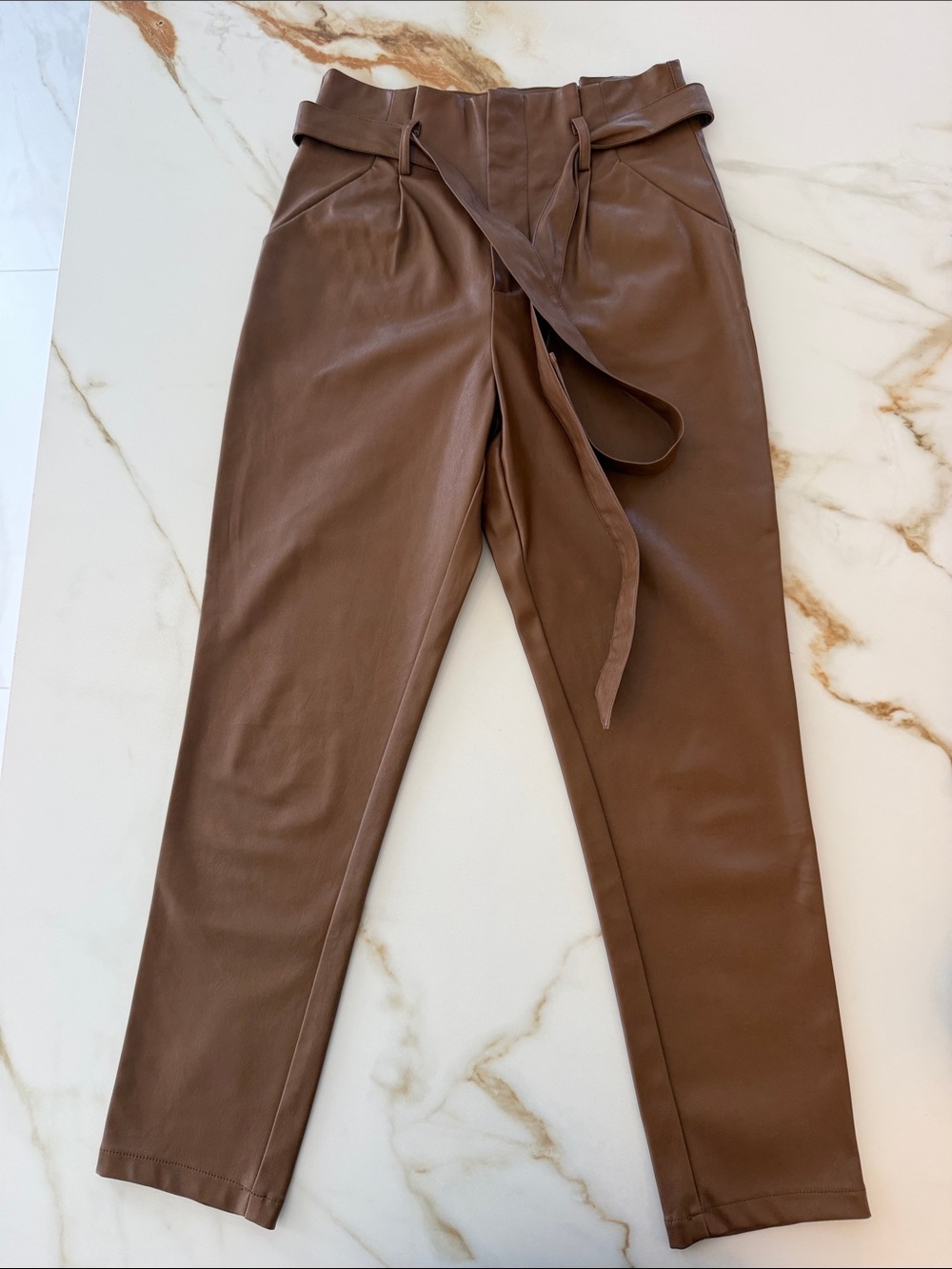 Lucy Paris High-Waist Faux Leather Paperbag Pants - Brown